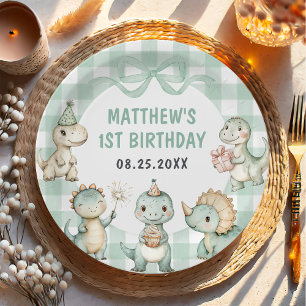Dinosaur Blue Gingham 1st Birthday Party Paper Plates