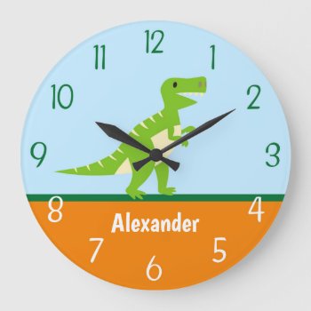 Dinosaur Blue Green Orange Wall Clock by Kookyburra at Zazzle