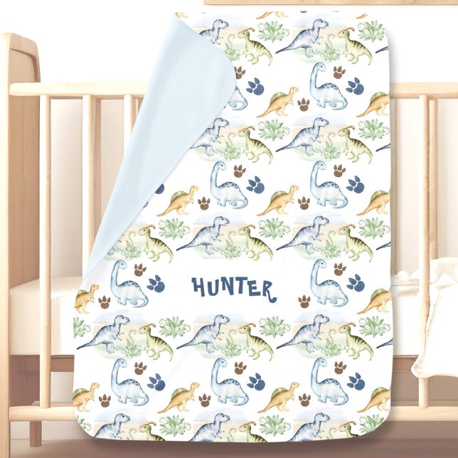 Dinosaur Blue Green White Custom Name Boy Baby Blanket (Dinosaur Blue Green White Custom Name Boy Baby Blanket)