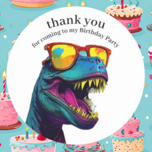 Dinosaur Blue Happy Birthday Thank You Classic Round Sticker