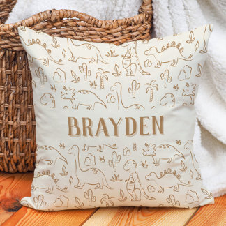 Dinosaur Boho Boy Name Dino Cute Beige Brown Tan Throw Pillow
