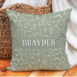 Dinosaur Boho Boy Name Dino Cute Earthy Sage Green Throw Pillow