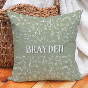 Dinosaur Boho Boy Name Dino Cute Earthy Sage Green Throw Pillow