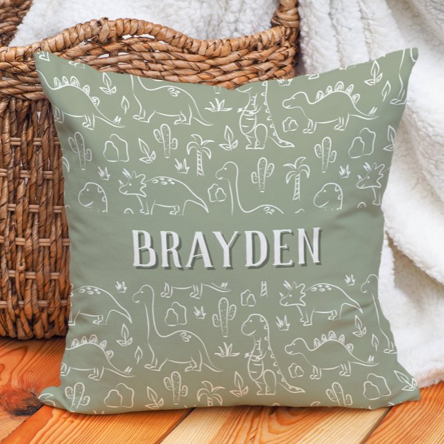 Dinosaur Boho Boy Name Dino Cute Earthy Sage Green Throw Pillow (Creator Uploaded)