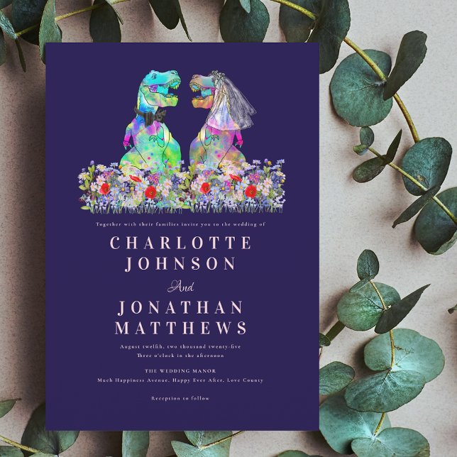 Dinosaur Boho Wildflower Navy Blue Blush Pink Invitation (Colorful Dinosaur bride & Groom T-Rex boho wildflower navy blue blush pink wedding invitation )