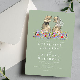 Dinosaur Boho Wildflower Sage Green Wedding Invitation