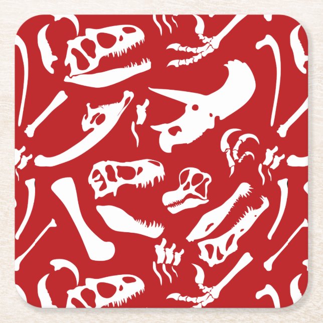 Dinosaur Bones (Red) Square Paper Coaster (Front)