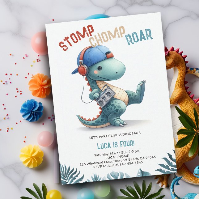 Dinosaur Boom Box Stomp Chomp Roar Boy Birthday Invitation (Dinosaur boy birthday invitation dino stomp chomp roar pre historic jungle hip dance party funny red)