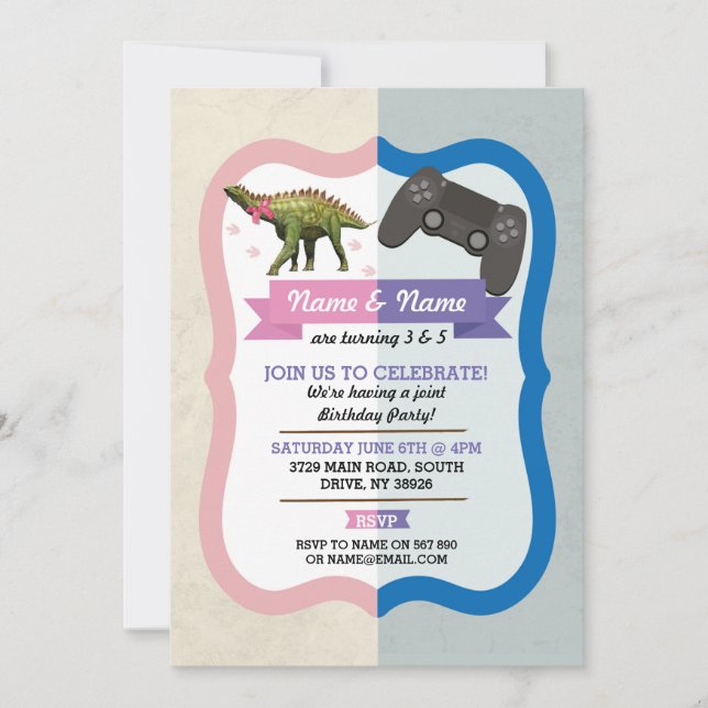 Dinosaur Bow & Gaming Joint Boy Girl Birthday Invitation (Front)