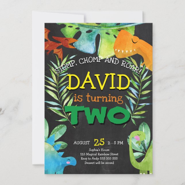 Dinosaur Boy 2nd Birthday Boys Dino Party Invitation (Front)