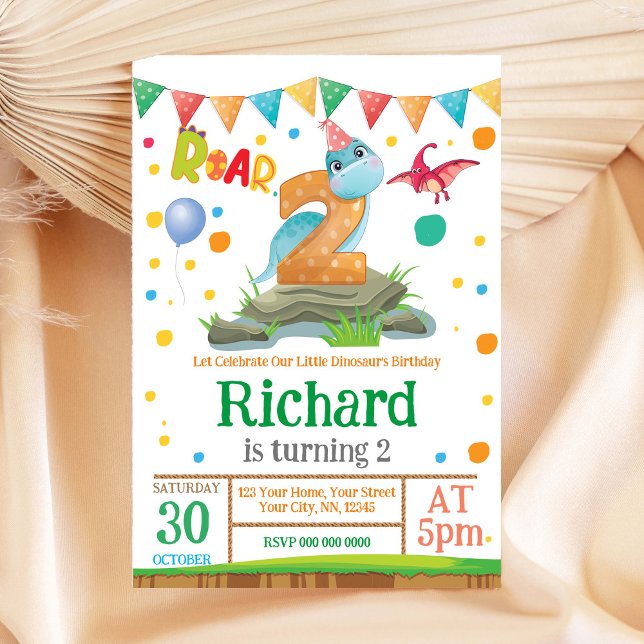 Dinosaur Boy 2nd Birthday Invitation (Creator Uploaded)