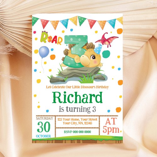 Dinosaur boy 3rd Birthday Invitation