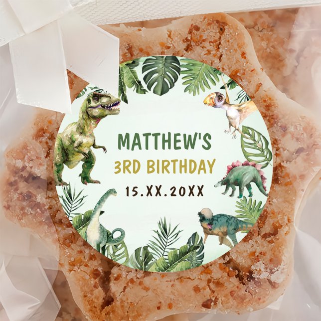 Dinosaur Boy 3rd Birthday Party Classic Round Sticker (Creator Uploaded)