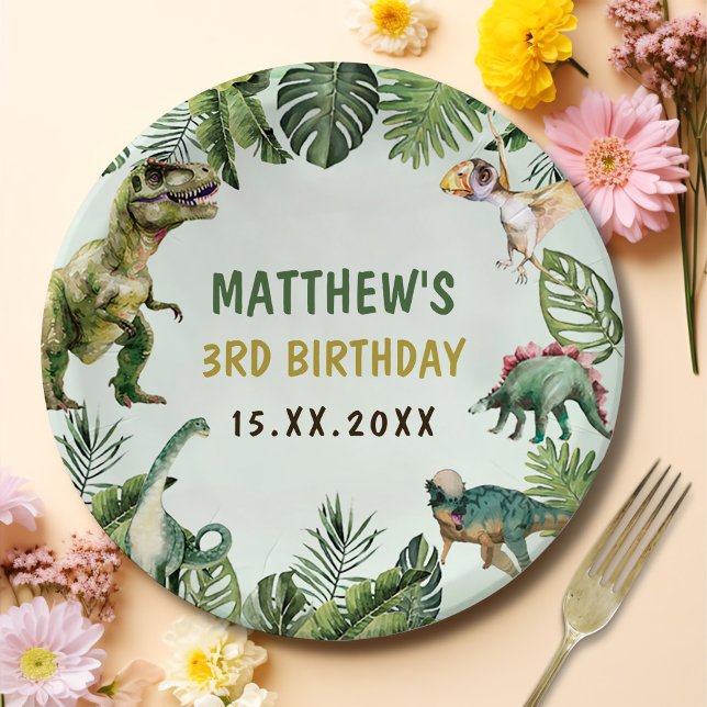 Dinosaur Boy 3rd Birthday Party Paper Plates (Creator Uploaded)