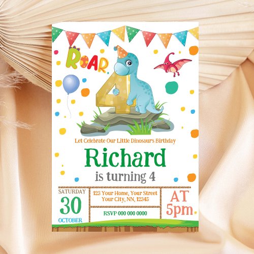 Dinosaur boy 4th Birthday Invitation