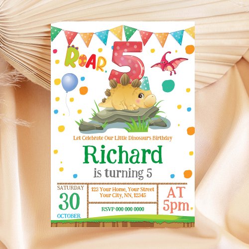 Dinosaur boy 5th Birthday Invitation