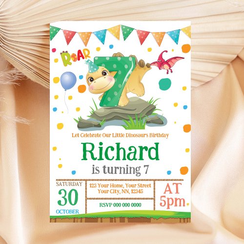 Dinosaur boy 7th Birthday Invitation