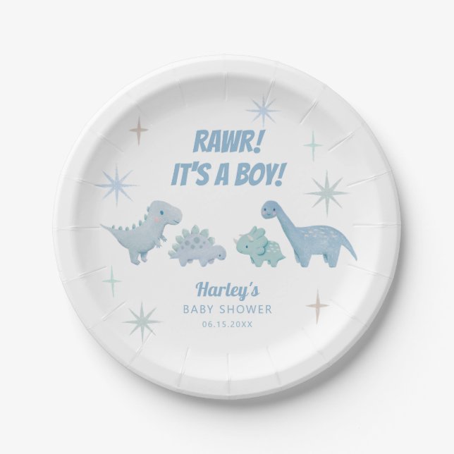 Dinosaur Boy Baby Shower Blue Paper Plates (Front)