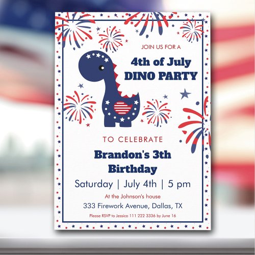 Dinosaur Boy Birthday Fireworks 4th of July Party Invitation