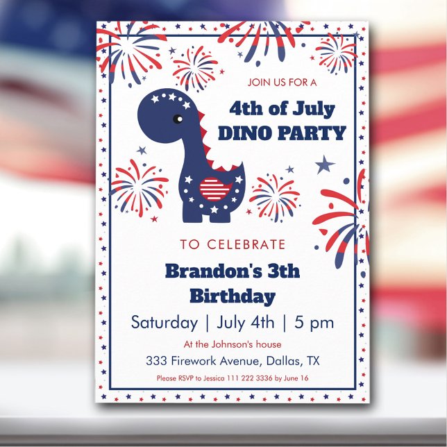Dinosaur Boy Birthday Fireworks 4th of July Party Invitation (Dinosaur Boy Birthday Fireworks 4th of July Party Invitation)