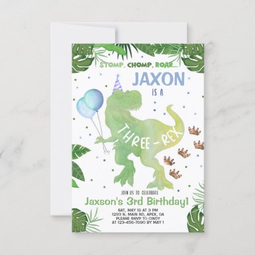Dinosaur boy birthday invitation Three_Rex invite