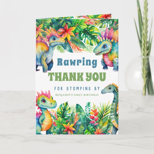Dinosaur Boy Birthday Party Custom Photo Tropical Thank You Card (Front)
