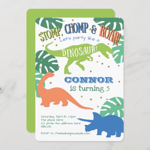 Dinosaur Boy Birthday Party Green Blue Birthday Invitation