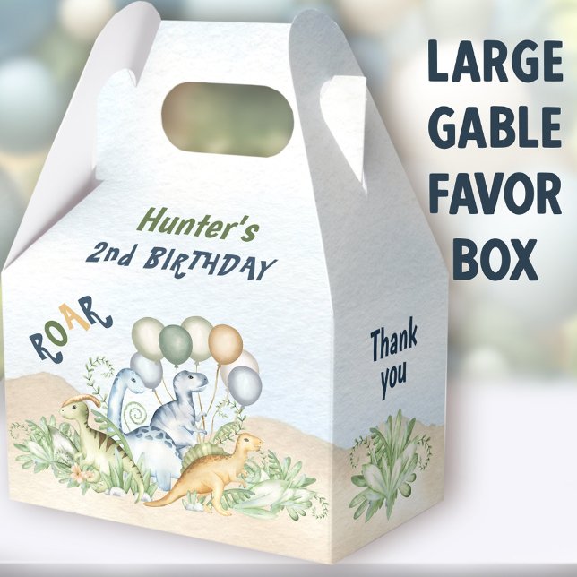 Dinosaur Boy Blue Green 1st 2nd Birthday Large Favor Boxes (Dinosaur Boy Large Gable Favor Boxes - You can choose from 3 sizes of these gable favor boxes)
