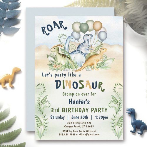 Dinosaur Boy Blue Green Pastel Custom 1st Birthday Invitation