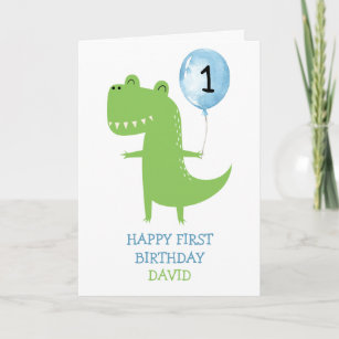 Dinosaur Boy First Birthday Balloon Kids Cute Card