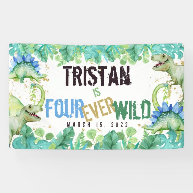 Dinosaur Boy Four Ever Wild Birthday  Banner (Horizontal)
