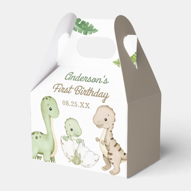 Dinosaur Boy Green 1st Birthday Favor Boxes (Front Side)