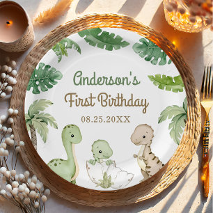 Dinosaur Boy Green 1st Birthday Paper Plates