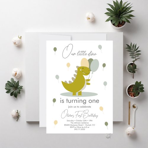 Dinosaur Boy Green Grey First Birthday  Invitation