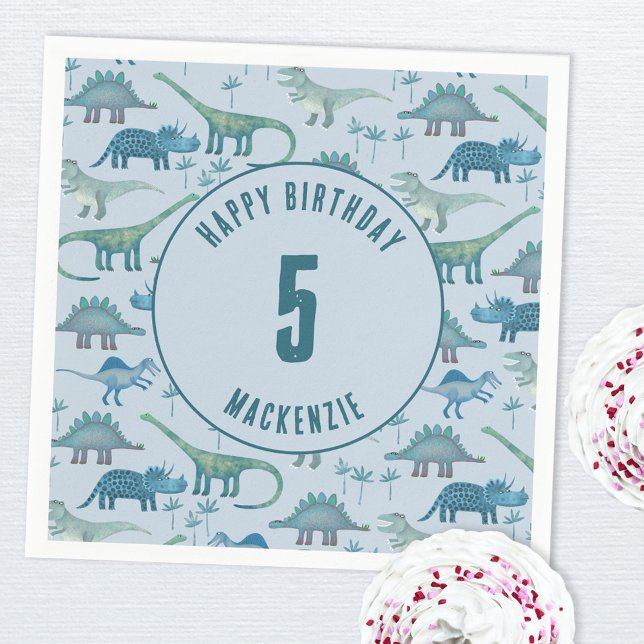 Dinosaur Boy Kids Birthday Party Blue Napkins (Dinosaur personalized kids party paper napkin)