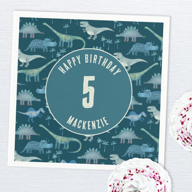 Dinosaur Boy Kids Birthday Party Dark Napkins (Dinosaur personalized kids birthday party napkin)