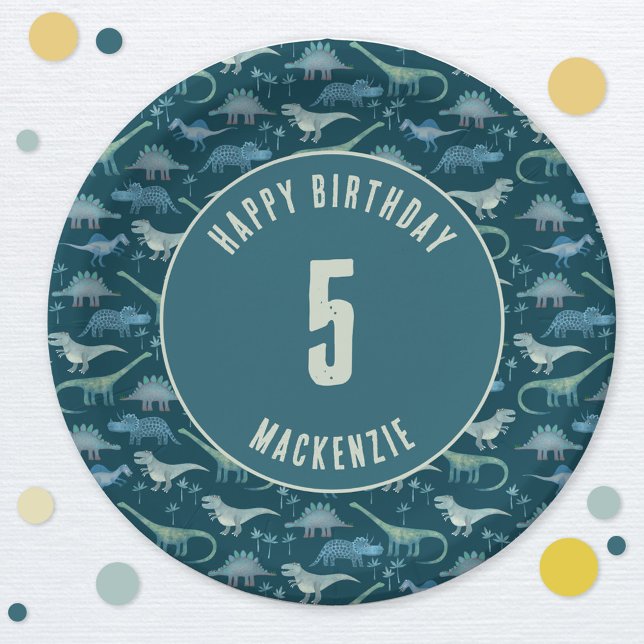 Dinosaur Boy Kids Birthday Party Dark Paper Plates (Dinosaur birthday party personalized paper plates)
