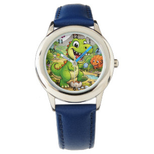 Dinosaur Boy Modern Green Trex Custom Name Kids Watch