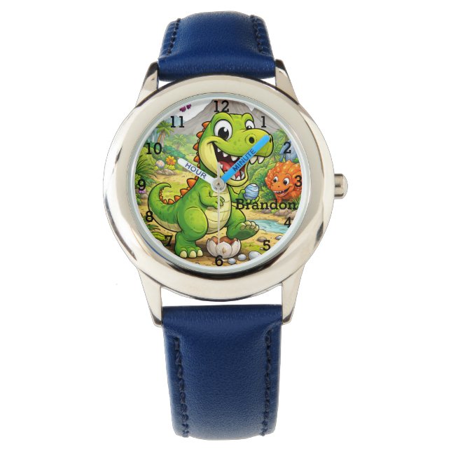 Dinosaur Boy Modern Green Trex Custom Name Kids Watch (Front)