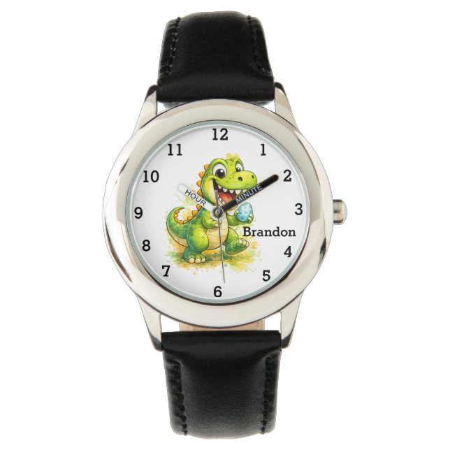 Dinosaur Boy Modern Green Trex Custom Name Kids Watch (Front)