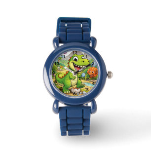 Dinosaur Boy Modern Green Trex Custom Name Kids Watch