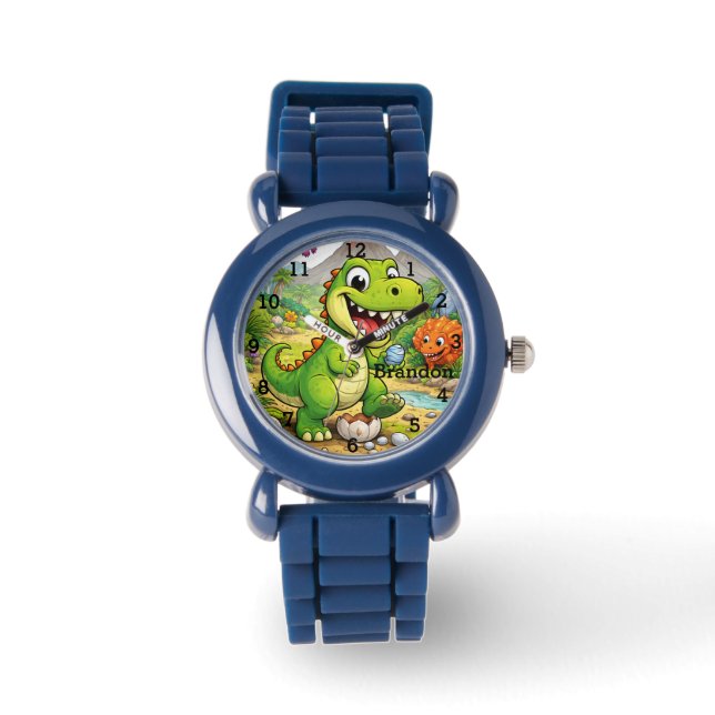 Dinosaur Boy Modern Green Trex Custom Name Kids Watch (Front)