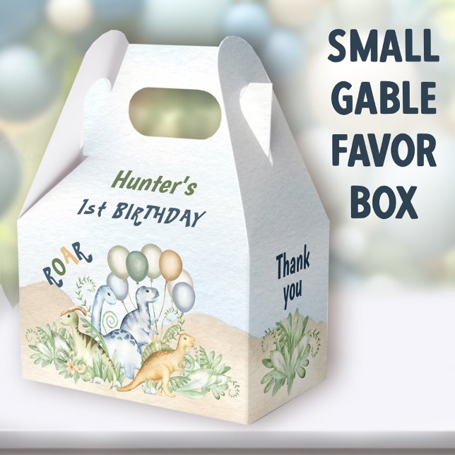 Dinosaur Boy Pastel Blue Green 1st Birthday Favor Boxes (Dinosaur Boy Small Gable Favor Boxes - You can choose from 3 sizes of these gable favor boxes)