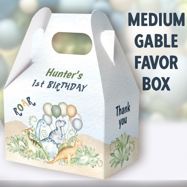 Dinosaur Boy Pastel Blue Green 1st Birthday Medium Favor Boxes (Dinosaur Boy Medium Gable Favor Boxes - You can choose from 3 sizes of these gable favor boxes)
