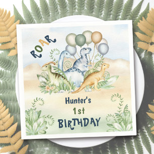 Dinosaur Boy Pastel Blue Green 1st Birthday Napkins