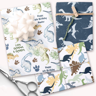 Dinosaur Boy Pastel Blue Green Name Wrapping Paper Sheets