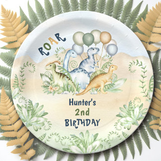 Dinosaur Boy Pastel Cute Blue Green 2nd Birthday Paper Plates