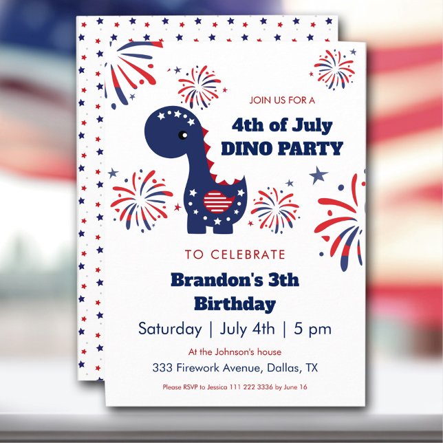 Dinosaur Boy Patriotic Fireworks 4th of July Party Invitation (Dinosaur Boy Patriotic Fireworks 4th of July Party Invitation)