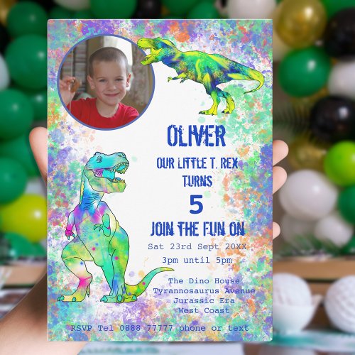 Dinosaur Boys 5th Birthday Colorful T Rex Photo Invitation