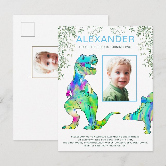 Dinosaur Boys Birthday Party Photo Invitation Postcard (Front/Back)